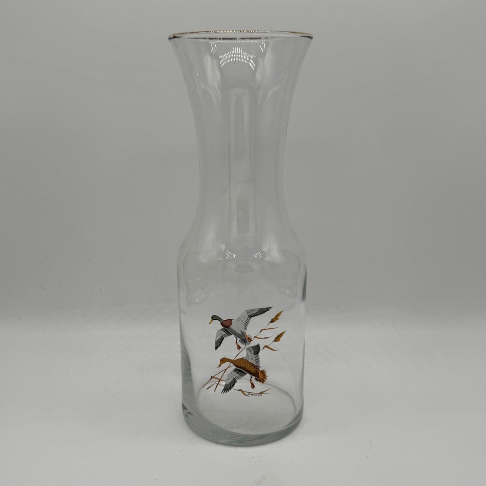 Vintage Jerry Raedeke Mallard Duck Glass Carafe Wine Decanter Barware Signed 11"